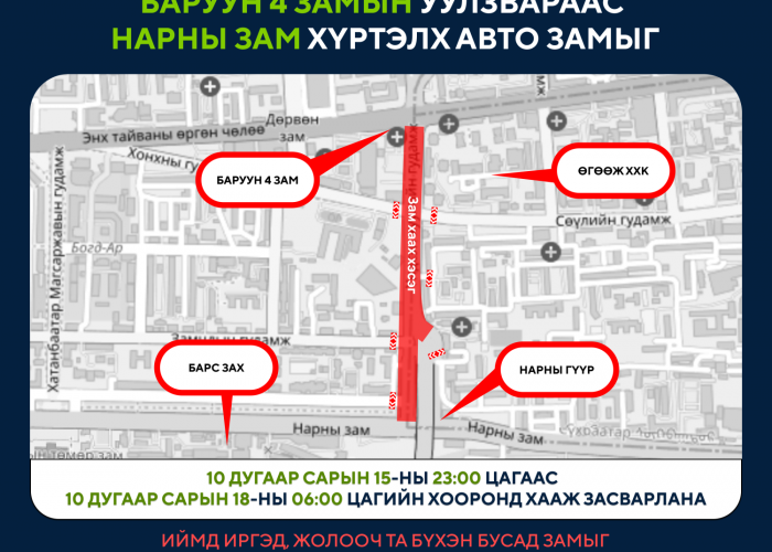 Баруун 4 замын уулзвараас Нарны зам хүртэлх авто замыг шинэчилнэ