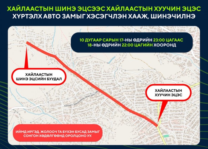 Хайлаастын шинэ эцсээс 17-ийн уулзвар хүртэлх авто замыг хэсэгчлэн хааж, шинэчилнэ