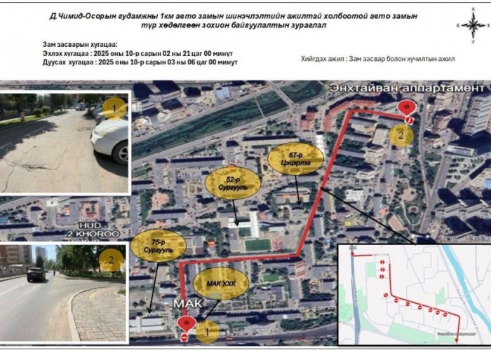 Нийслэлийн 75 дугаар сургуулиас Энхтайван хотхон хүртэлх замыг засна