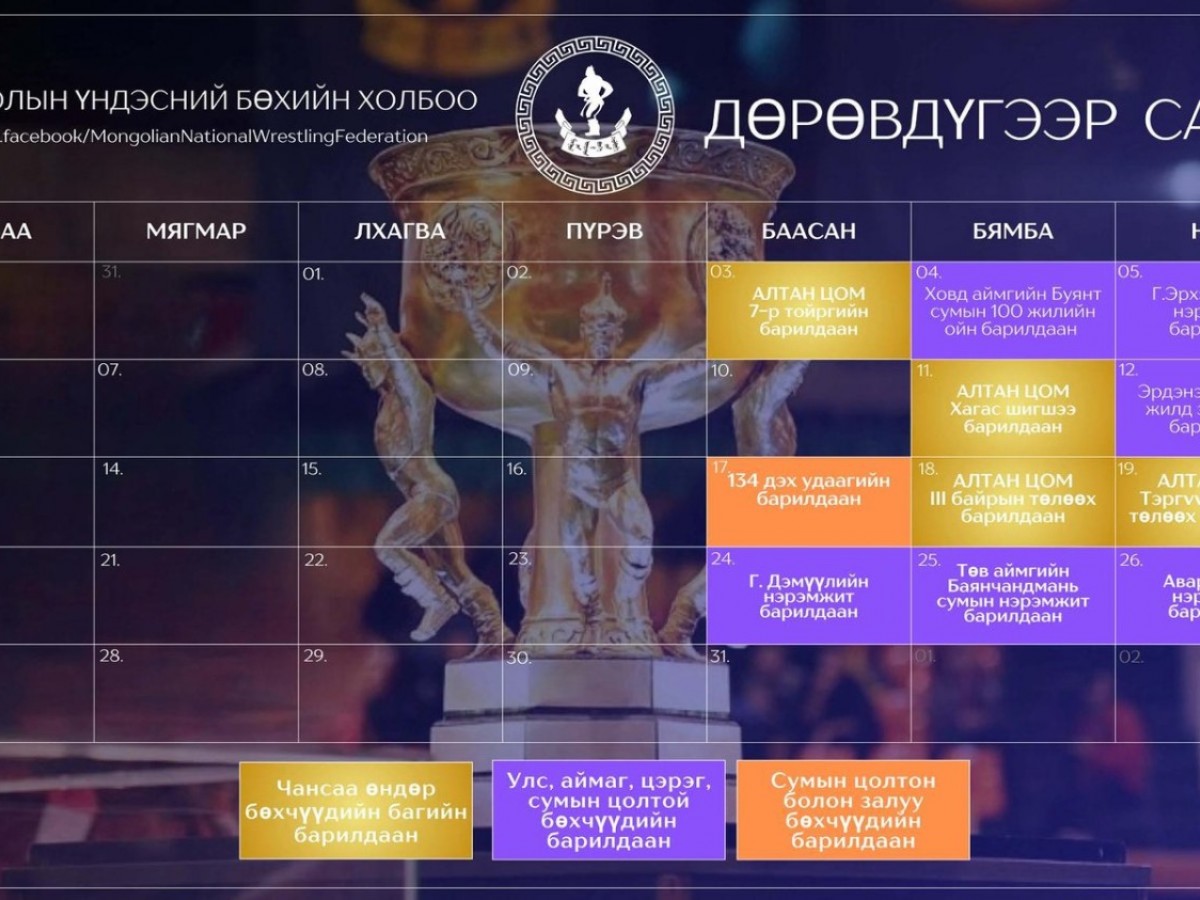 Дөрөвдүгээр сард болох бөхийн барилдааны хуваарь